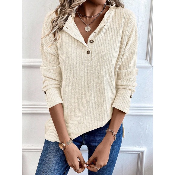 preppy Half Button Drop Shoulder ribbed Knit long sleeve Tee - Picture 3 of 11